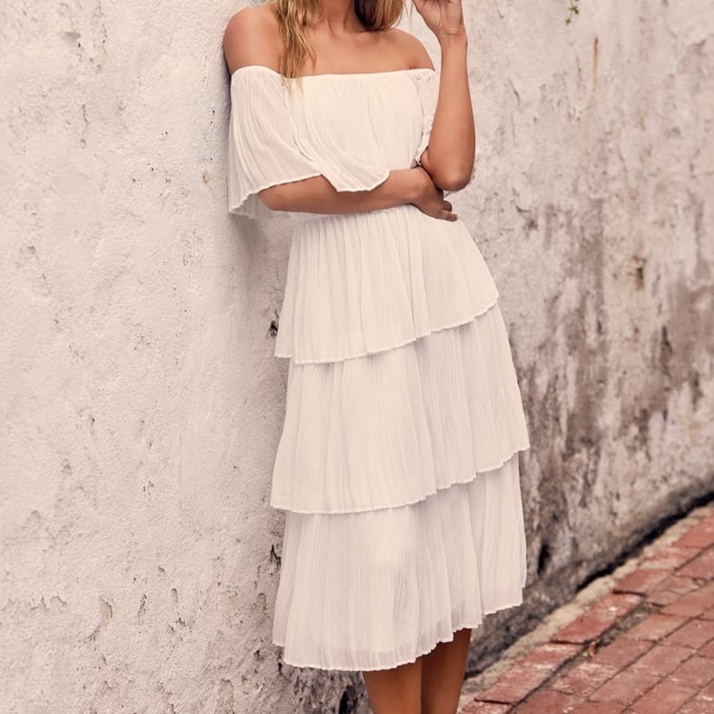 Gala Ready White Off-the-Shoulder Ruffle Midi Dres